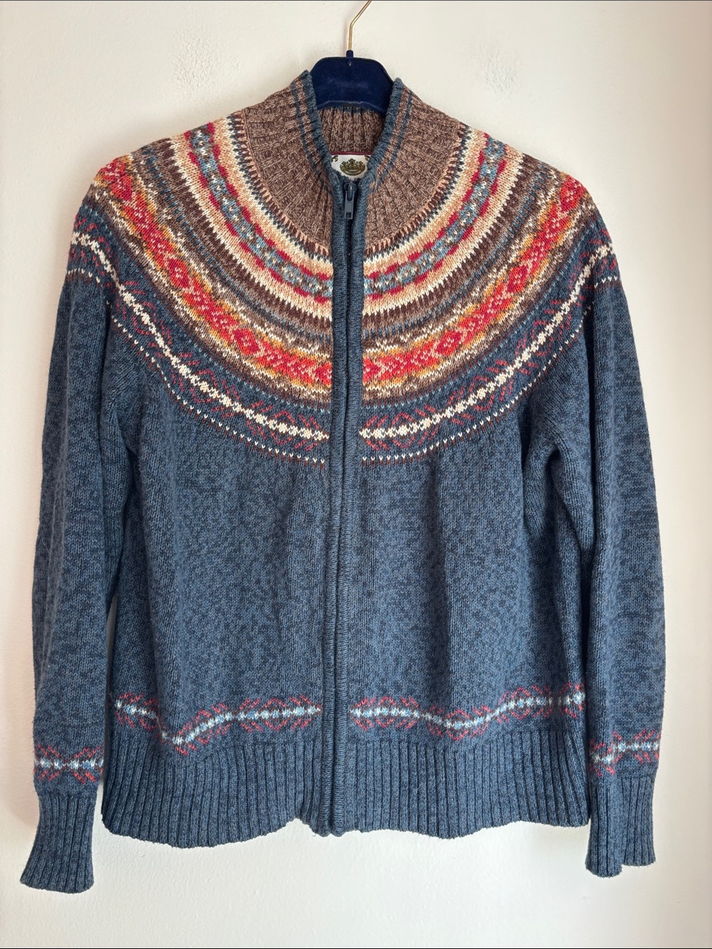 Vintage Tiara Int. Blue Zip-Front Fair Isle Yoke  Fall sweater women’s large EUC